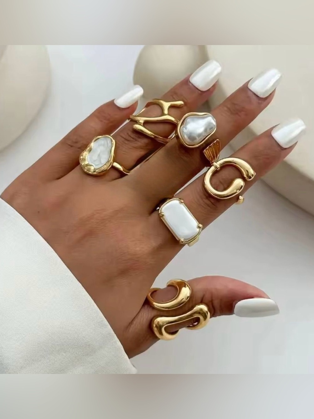 Gold Rings with White Pearl and Mother-of-Pearl Accents - Picture 1 of 4